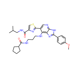 COc1ccc(-c2nc3c(NCCCNC(=O)C4CCCC4)c(-c4nc(C(=O)NCC(C)C)cs4)cnc3[nH]2)cc1 ZINC000103248060