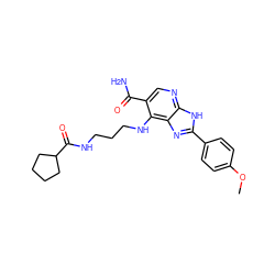 COc1ccc(-c2nc3c(NCCCNC(=O)C4CCCC4)c(C(N)=O)cnc3[nH]2)cc1 ZINC000084615162