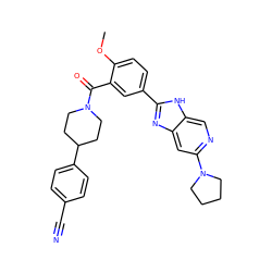 COc1ccc(-c2nc3cc(N4CCCC4)ncc3[nH]2)cc1C(=O)N1CCC(c2ccc(C#N)cc2)CC1 ZINC000150325188
