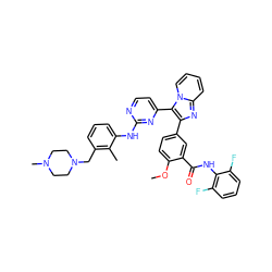 COc1ccc(-c2nc3ccccn3c2-c2ccnc(Nc3cccc(CN4CCN(C)CC4)c3C)n2)cc1C(=O)Nc1c(F)cccc1F ZINC000165106117