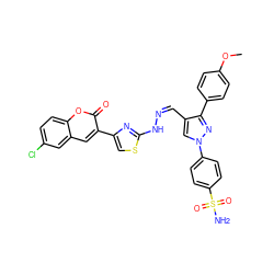 COc1ccc(-c2nn(-c3ccc(S(N)(=O)=O)cc3)cc2/C=N\Nc2nc(-c3cc4cc(Cl)ccc4oc3=O)cs2)cc1 ZINC000653912864