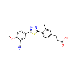 COc1ccc(-c2nnc(-c3ccc(CCC(=O)O)cc3C)s2)cc1C#N ZINC000038147482