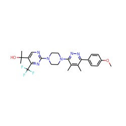 COc1ccc(-c2nnc(N3CCN(c4ncc(C(C)(C)O)c(C(F)(F)F)n4)CC3)c(C)c2C)cc1 ZINC000201143564