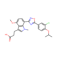 COc1ccc(-c2noc(-c3ccc(OC(C)C)c(Cl)c3)n2)c2c1c(CCC(=O)O)cn2C ZINC000084586809