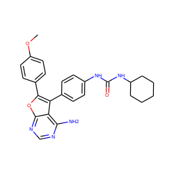 COc1ccc(-c2oc3ncnc(N)c3c2-c2ccc(NC(=O)NC3CCCCC3)cc2)cc1 ZINC000014945115