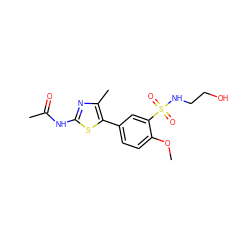 COc1ccc(-c2sc(NC(C)=O)nc2C)cc1S(=O)(=O)NCCO ZINC000112996716