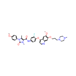 COc1ccc(-n2c(C)c(C(=O)Nc3ccc(Oc4ccnc5cc(OCCCN6CCN(C)CC6)c(OC)cc45)c(F)c3)n(C)c2=O)cc1 ZINC000474607140