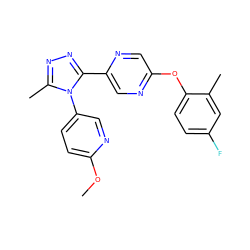 COc1ccc(-n2c(C)nnc2-c2cnc(Oc3ccc(F)cc3C)cn2)cn1 ZINC000043062626