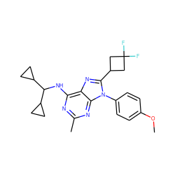 COc1ccc(-n2c(C3CC(F)(F)C3)nc3c(NC(C4CC4)C4CC4)nc(C)nc32)cc1 ZINC000072122835