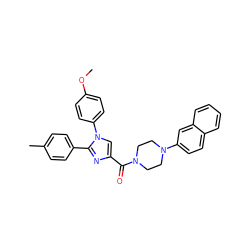 COc1ccc(-n2cc(C(=O)N3CCN(c4ccc5ccccc5c4)CC3)nc2-c2ccc(C)cc2)cc1 ZINC000040918499