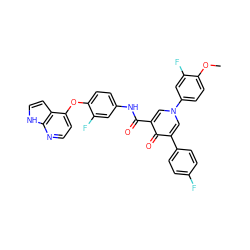 COc1ccc(-n2cc(C(=O)Nc3ccc(Oc4ccnc5[nH]ccc45)c(F)c3)c(=O)c(-c3ccc(F)cc3)c2)cc1F ZINC000042807193