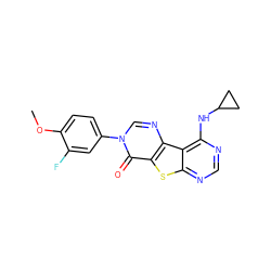 COc1ccc(-n2cnc3c(sc4ncnc(NC5CC5)c43)c2=O)cc1F ZINC000095561410