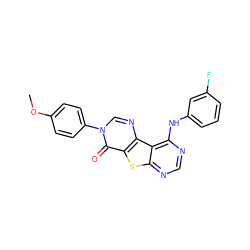 COc1ccc(-n2cnc3c(sc4ncnc(Nc5cccc(F)c5)c43)c2=O)cc1 ZINC000095562924