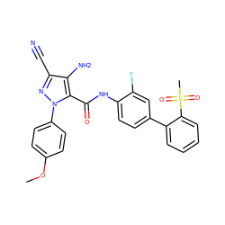 COc1ccc(-n2nc(C#N)c(N)c2C(=O)Nc2ccc(-c3ccccc3S(C)(=O)=O)cc2F)cc1 ZINC000014950474