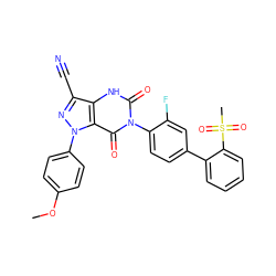 COc1ccc(-n2nc(C#N)c3[nH]c(=O)n(-c4ccc(-c5ccccc5S(C)(=O)=O)cc4F)c(=O)c32)cc1 ZINC000001490566