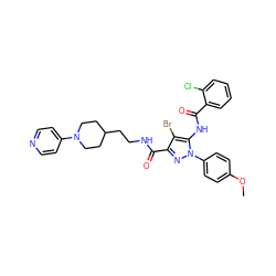 COc1ccc(-n2nc(C(=O)NCCC3CCN(c4ccncc4)CC3)c(Br)c2NC(=O)c2ccccc2Cl)cc1 ZINC000028712001