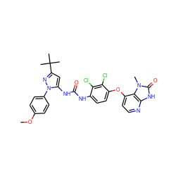 COc1ccc(-n2nc(C(C)(C)C)cc2NC(=O)Nc2ccc(Oc3ccnc4[nH]c(=O)n(C)c34)c(Cl)c2Cl)cc1 ZINC000199090623