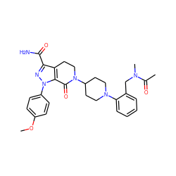 COc1ccc(-n2nc(C(N)=O)c3c2C(=O)N(C2CCN(c4ccccc4CN(C)C(C)=O)CC2)CC3)cc1 ZINC000014969596