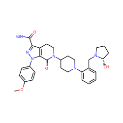 COc1ccc(-n2nc(C(N)=O)c3c2C(=O)N(C2CCN(c4ccccc4CN4CCC[C@@H]4O)CC2)CC3)cc1 ZINC000014969585