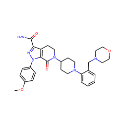 COc1ccc(-n2nc(C(N)=O)c3c2C(=O)N(C2CCN(c4ccccc4CN4CCOCC4)CC2)CC3)cc1 ZINC000014969581