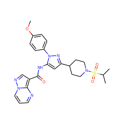 COc1ccc(-n2nc(C3CCN(S(=O)(=O)C(C)C)CC3)cc2NC(=O)c2cnn3cccnc23)cc1 ZINC000145877514