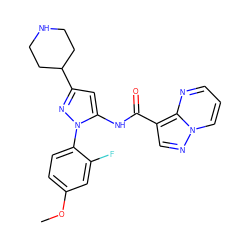 COc1ccc(-n2nc(C3CCNCC3)cc2NC(=O)c2cnn3cccnc23)c(F)c1 ZINC000204755844