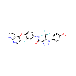 COc1ccc(-n2nnc(C(=O)Nc3ccc(Oc4ccnc5[nH]ccc45)c(F)c3)c2C(F)(F)F)cc1 ZINC000653729582