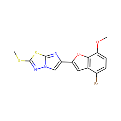 COc1ccc(Br)c2cc(-c3cn4nc(SC)sc4n3)oc12 ZINC000653763866