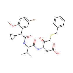 COc1ccc(Br)cc1[C@H](C(=O)N[C@H](C(=O)N[C@@H](CC(=O)O)C(=O)CSCc1ccccc1)C(C)C)C1CC1 ZINC000028134560