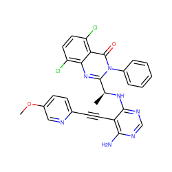 COc1ccc(C#Cc2c(N)ncnc2N[C@@H](C)c2nc3c(Cl)ccc(Cl)c3c(=O)n2-c2ccccc2)nc1 ZINC000209589916