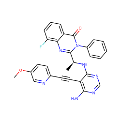 COc1ccc(C#Cc2c(N)ncnc2N[C@@H](C)c2nc3c(F)cccc3c(=O)n2-c2ccccc2)nc1 ZINC000209589997