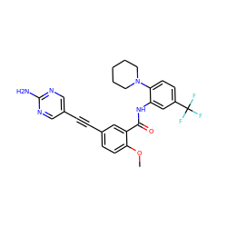 COc1ccc(C#Cc2cnc(N)nc2)cc1C(=O)Nc1cc(C(F)(F)F)ccc1N1CCCCC1 ZINC000014957137