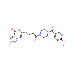 COc1ccc(C(=O)C2CCN(C(=O)CCCc3cn4cc(F)cc4c(=O)[nH]3)CC2)cn1 ZINC000653905794