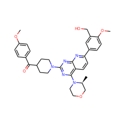 COc1ccc(C(=O)C2CCN(c3nc(N4CCOC[C@@H]4C)c4ccc(-c5ccc(OC)c(CO)c5)nc4n3)CC2)cc1 ZINC000139078735