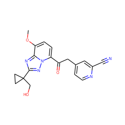 COc1ccc(C(=O)Cc2ccnc(C#N)c2)n2nc(C3(CO)CC3)nc12 ZINC000139763868