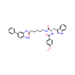 COc1ccc(C(=O)N[C@@H](Cc2c[nH]c3ccccc23)C(=O)NCCCCCC(=O)Nc2cc(-c3ccccc3)ccc2N)cc1 ZINC001772586072