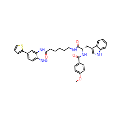 COc1ccc(C(=O)N[C@@H](Cc2c[nH]c3ccccc23)C(=O)NCCCCCC(=O)Nc2cc(-c3cccs3)ccc2N)cc1 ZINC001772598268