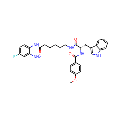 COc1ccc(C(=O)N[C@@H](Cc2c[nH]c3ccccc23)C(=O)NCCCCCC(=O)Nc2ccc(F)cc2N)cc1 ZINC001772643158