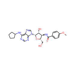 COc1ccc(C(=O)N[C@H]2[C@H](CO)O[C@H](n3cnc4c(NC5CCCC5)ncnc43)[C@@H]2O)cc1 ZINC000036273318