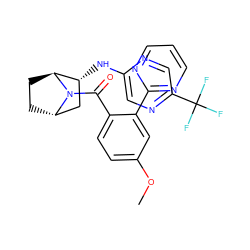 COc1ccc(C(=O)N2[C@H]3CC[C@H]2[C@H](Nc2cnc(C(F)(F)F)cn2)C3)c(-c2ncccn2)c1 ZINC000221042872