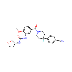 COc1ccc(C(=O)N2CCC(F)(c3ccc(C#N)cc3)CC2)cc1NC(=O)N[C@@H]1CCOC1 ZINC000150041538