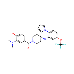 COc1ccc(C(=O)N2CCC3(CC2)Nc2cc(OC(F)(F)F)ccc2-n2cccc23)cc1N(C)C ZINC000299825782