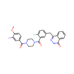 COc1ccc(C(=O)N2CCN(C(=O)c3cc(Cc4n[nH]c(=O)c5ccccc45)ccc3F)CC2)cc1I ZINC000653760628