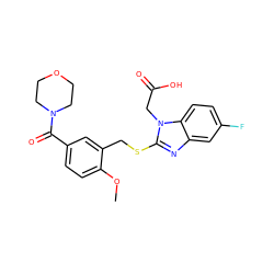 COc1ccc(C(=O)N2CCOCC2)cc1CSc1nc2cc(F)ccc2n1CC(=O)O ZINC000084654134