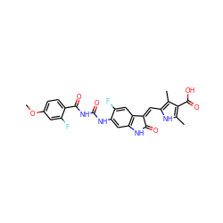 COc1ccc(C(=O)NC(=O)Nc2cc3c(cc2F)/C(=C/c2[nH]c(C)c(C(=O)O)c2C)C(=O)N3)c(F)c1 ZINC000205831895