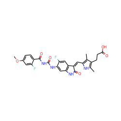 COc1ccc(C(=O)NC(=O)Nc2cc3c(cc2F)/C(=C/c2[nH]c(C)c(CCC(=O)O)c2C)C(=O)N3)c(F)c1 ZINC000205831969