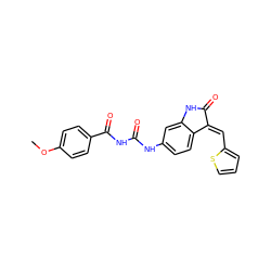 COc1ccc(C(=O)NC(=O)Nc2ccc3c(c2)NC(=O)/C3=C/c2cccs2)cc1 ZINC000299821468