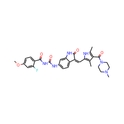 COc1ccc(C(=O)NC(=O)Nc2ccc3c(c2)NC(=O)/C3=C\c2[nH]c(C)c(C(=O)N3CCN(C)CC3)c2C)c(F)c1 ZINC000205833776