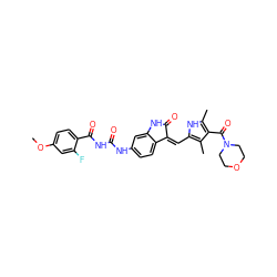 COc1ccc(C(=O)NC(=O)Nc2ccc3c(c2)NC(=O)/C3=C\c2[nH]c(C)c(C(=O)N3CCOCC3)c2C)c(F)c1 ZINC000205833794