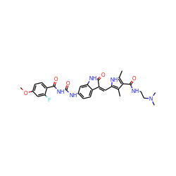 COc1ccc(C(=O)NC(=O)Nc2ccc3c(c2)NC(=O)/C3=C\c2[nH]c(C)c(C(=O)NCCN(C)C)c2C)c(F)c1 ZINC000205807302